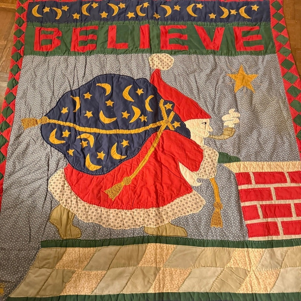 Vtg Mary Engelbreit Believe Santa throw quilt-whimsical holiday tapestry throw